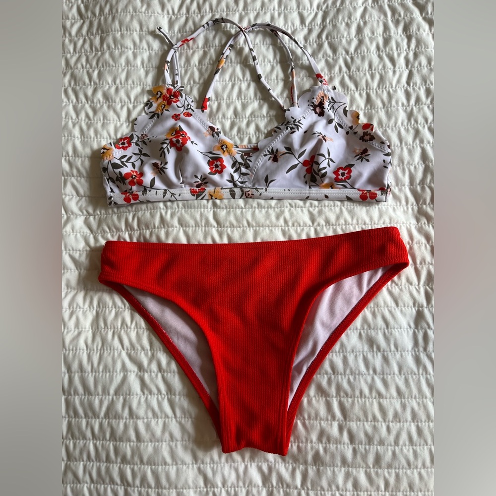 Floral Bikini Top and Red Bottoms